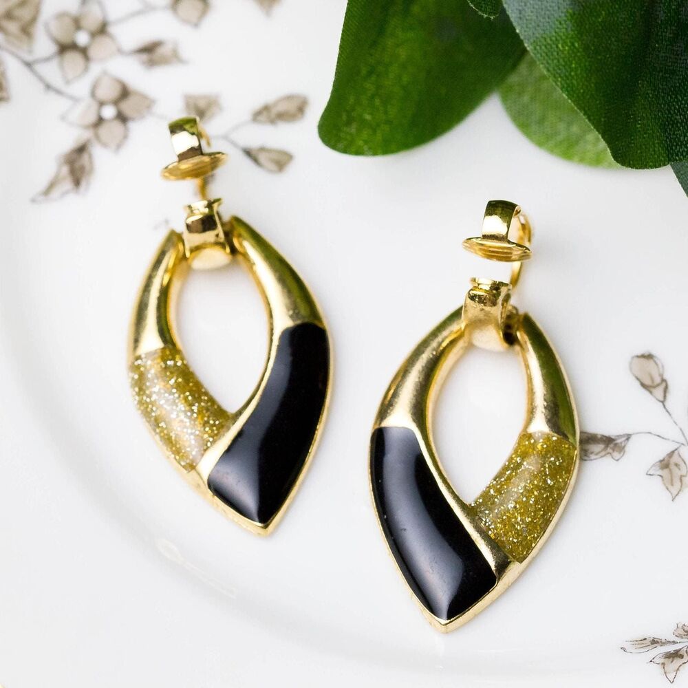 Vintage 1980s Black Enamel Clip On Earrings Gold Glitter Teardrop Geometric Oval